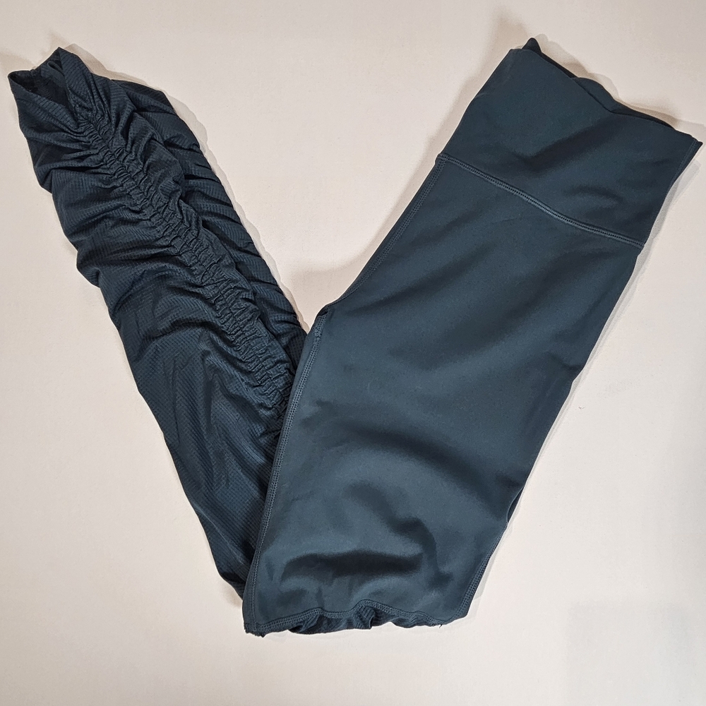 Fabletics Leggings Womens 26 Waist Teal Green Ruched Leg Sweat Wicking Yoga Pant